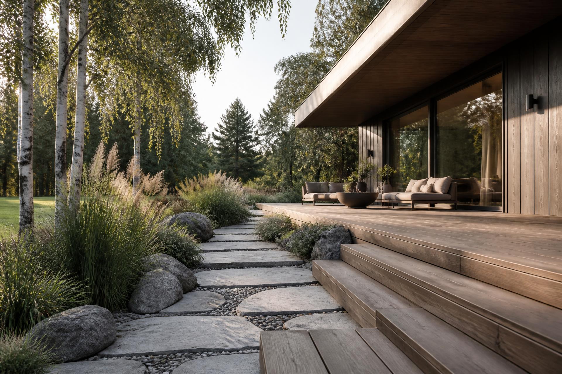 Moderne skandinavisk hus med træterrasse, naturstensbelægning og grøn beplantning