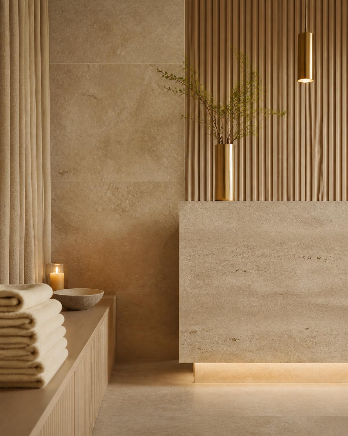 Behandlingsrum i creme og beige med linned, lyst træ og bløde gardiner